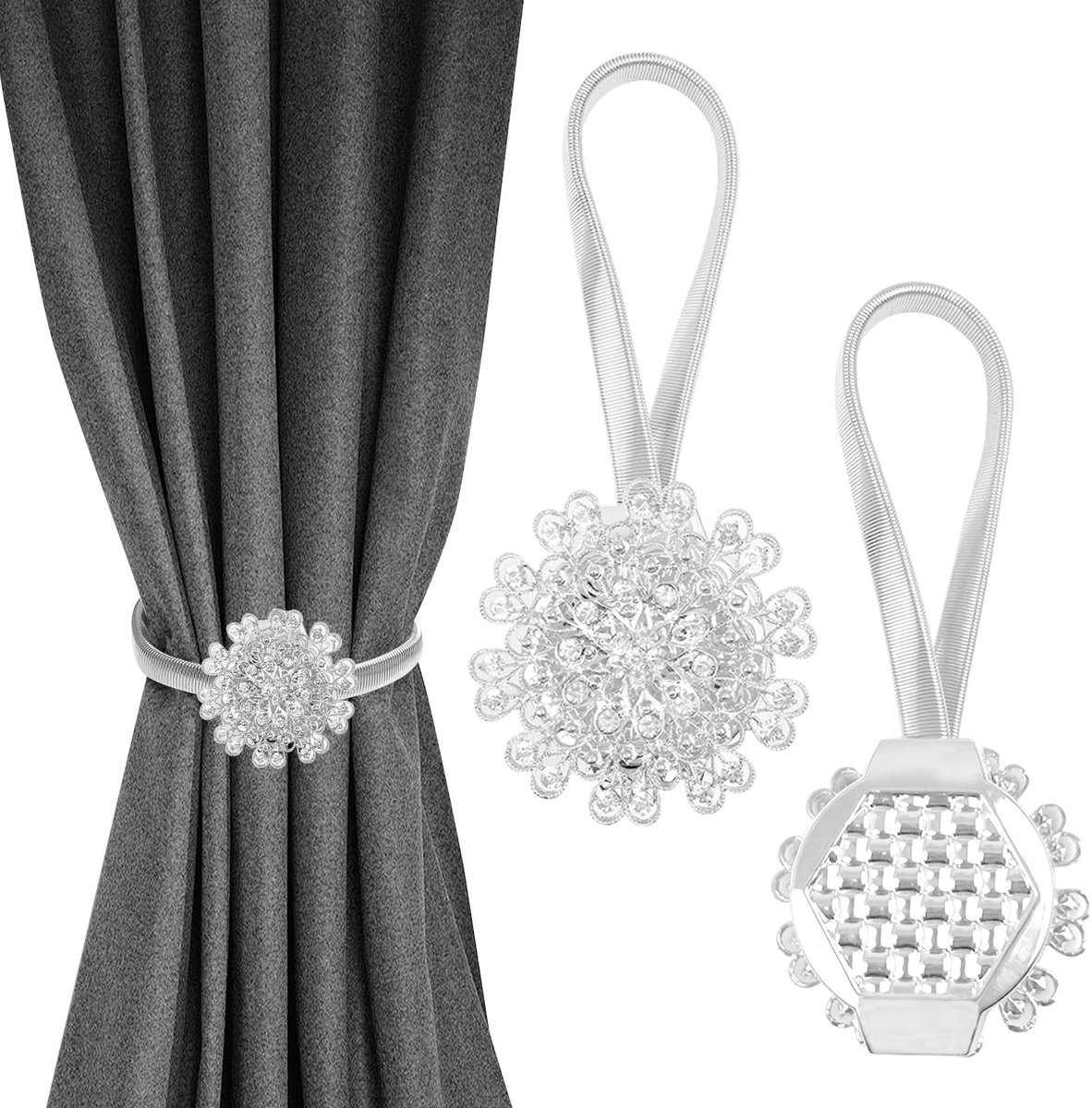 Dailygoods - 2 stuks decoratieve kristallen bloemengordijnclips, fonkelende magnetische embrasses met gesp, houder zonder boren, gordijngordijnhouders met veer, rekbare gordijnhouder voor thuis en op kantoor