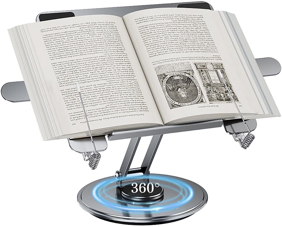 Dailygoods - Boekenstandaard om Lezen, Verstelbare Boekenhouder met 360° Draaibare Basis, Opvouwbare Stalen Kookboekstandaard Receptenboekhouder met Elastische Paginaklemmen voor Tijdschriften, Laptop