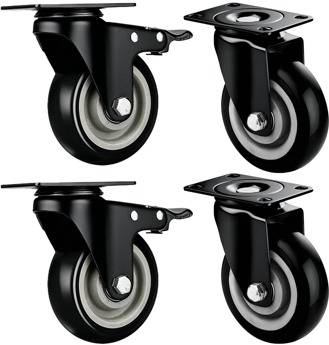 Zwenkwielen, Meubelwielen Set van 4, Zware Wielen tot 320 kg, Zwenkwielen 50 mm met Rem, Rubberen Wielen, Stille Trolleywielen voor Binnen en Buiten, 360° Draaibaar (Black)