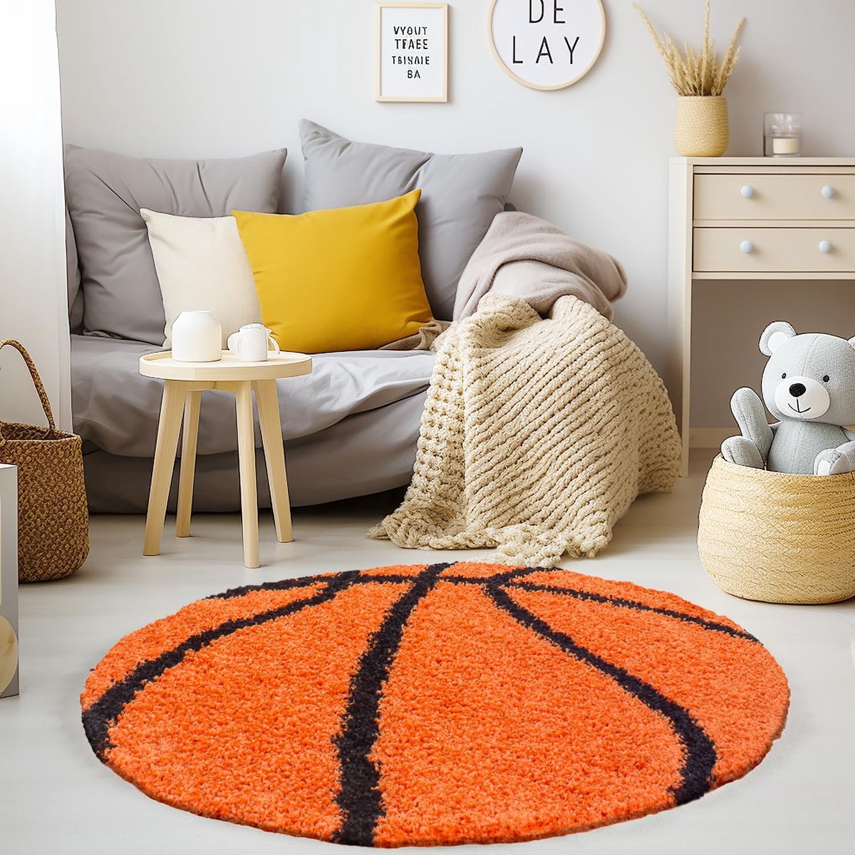 Kindervloerkleed Basketbal ORANGE 120 X 120 cm Kinderkamer en speelkamer | FUN
