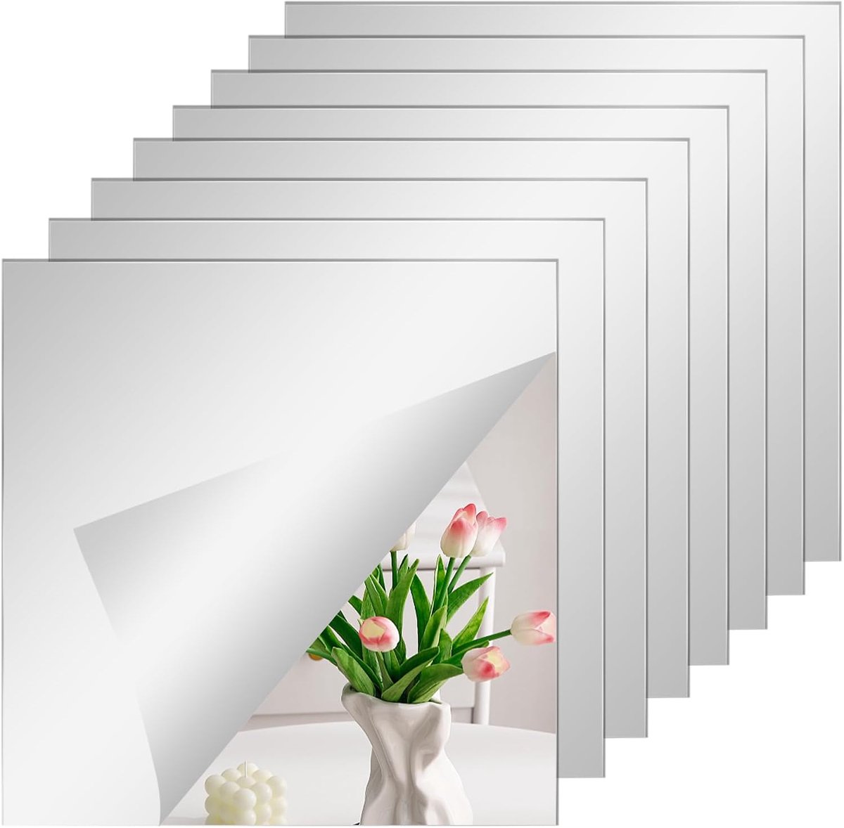8 Stuks Spiegeltegels, 15 x 15cm Acrylspiegel, Zelfklevende Flexibele Spiegel, Nniet Glas, Wanddecoratie, Zonder Lijst, voor Badkamer, Woonkamer, Slaapkamer, Kantoorruimtes, Eenvoudig te Bevestigen