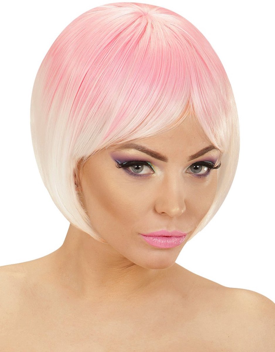 Two-Tone Damespruik Roze-Wit - Carnavalspruik