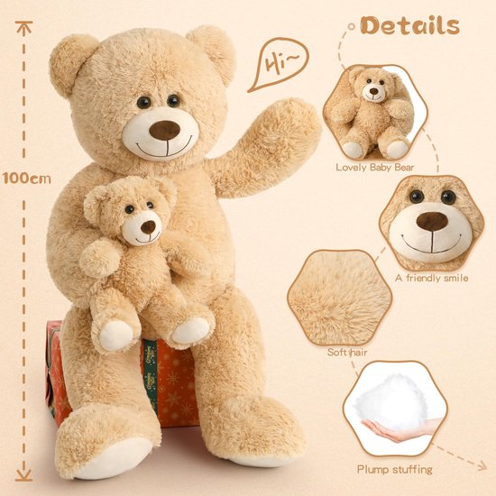 grote teddybeer 100 cm met kleine beer, zachte teddybeer groot XXL, enorme teddybeer XXL knuffeldier voor vriendin, meisjes, kinderen — afbeelding 2