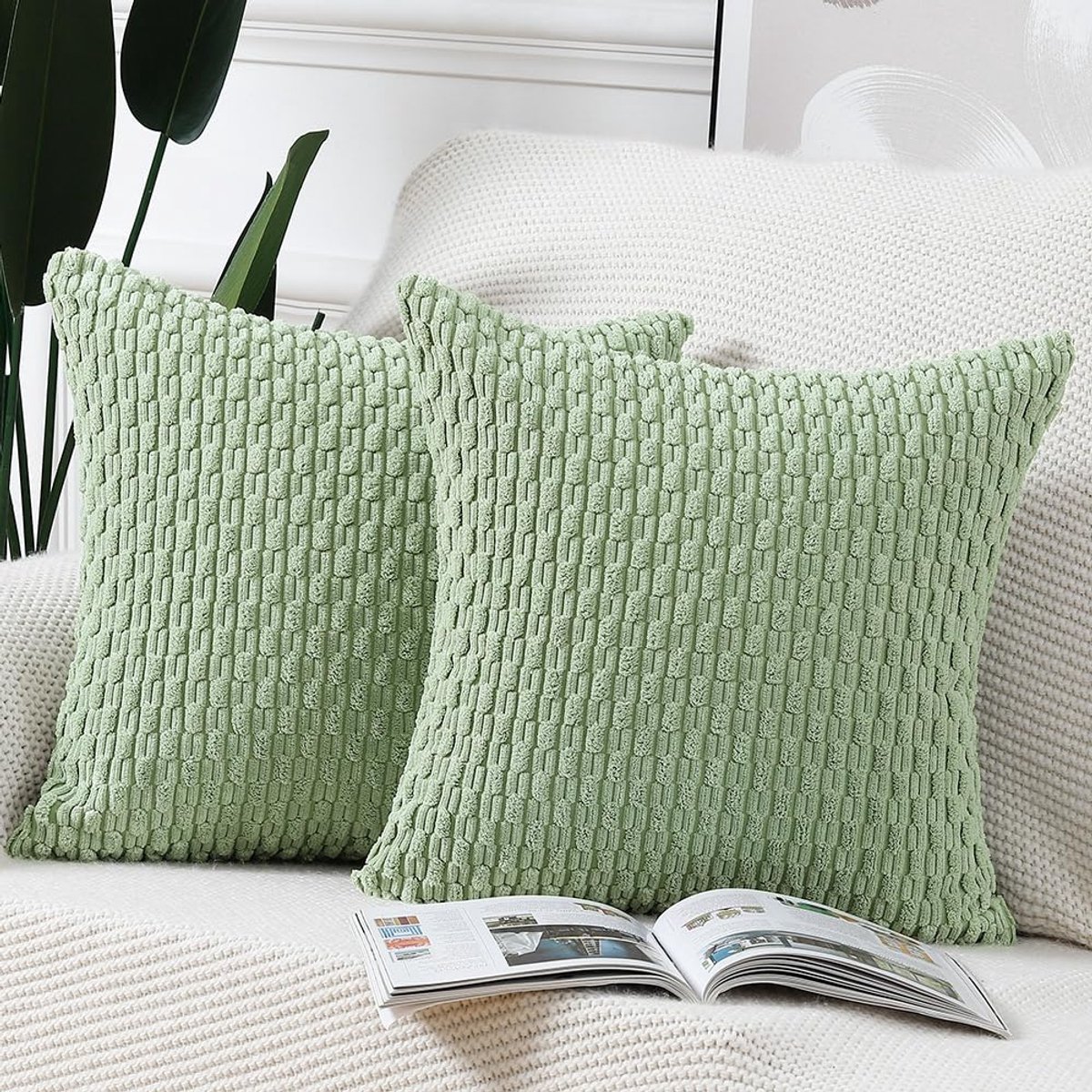 Set van 2 Corduroy Boho Kussenslopen Zacht Decoratief Kussenhoesje voor Bank Slaapkamer Kussenomslag 40x40 cm Licht groen