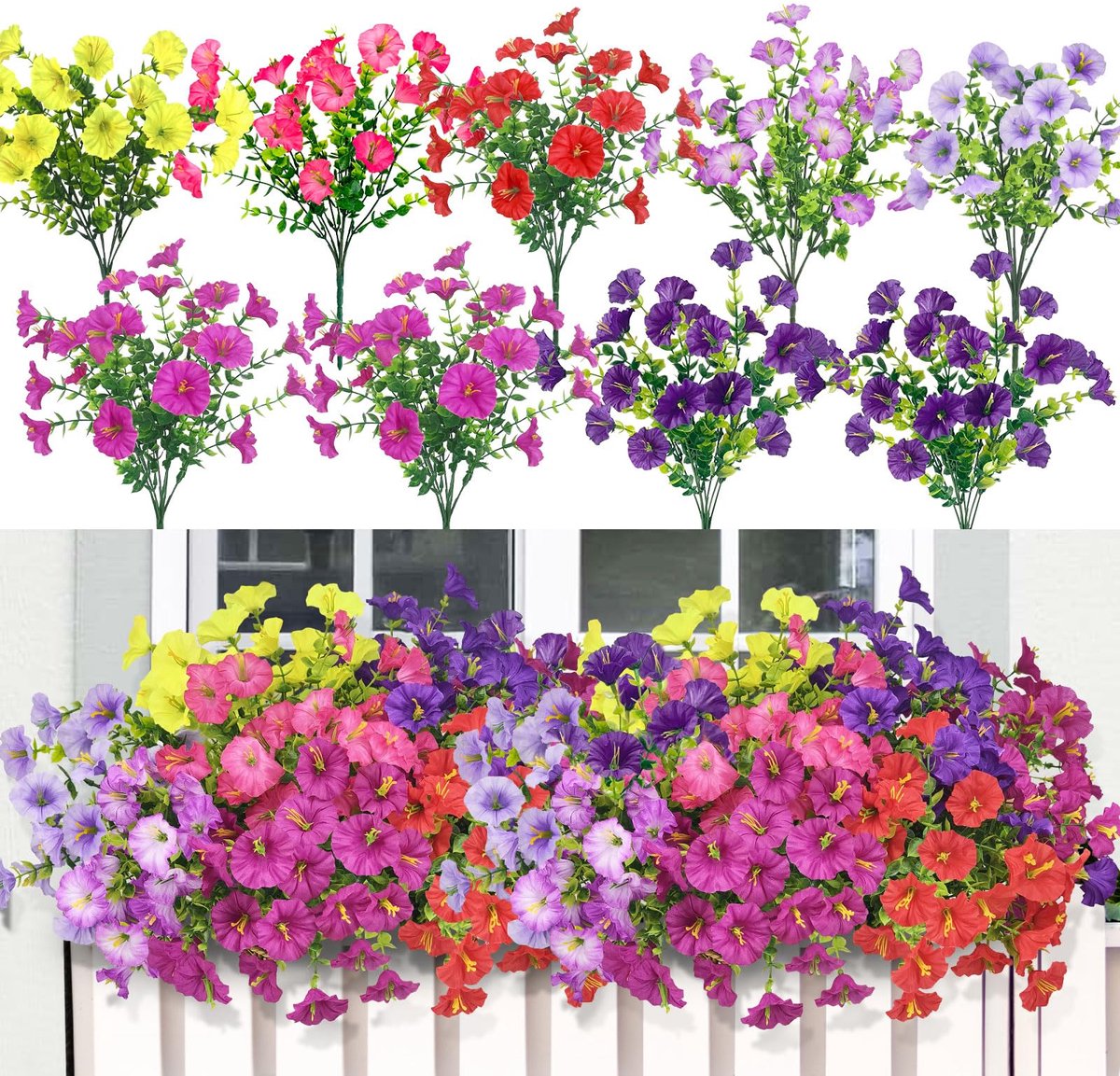 Kunstbloemen voor buiten, kunstbloemen voor buiten, weerbestendig, balkonplanten, petunia's, balkonbloemen, zijden bloemen als echte kunstplant (paars, rood, roze, geel)