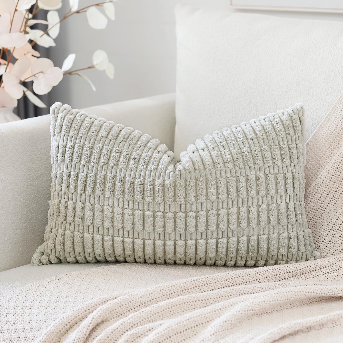 Corduroy set van 1 kussenhoes 40 x 60 cm, super zachte, boho, gestreepte lendenkussenhoezen, decoratieve moderne kussenslopen voor bank, slaapkamer, auto, decoratie, lichtgrijs