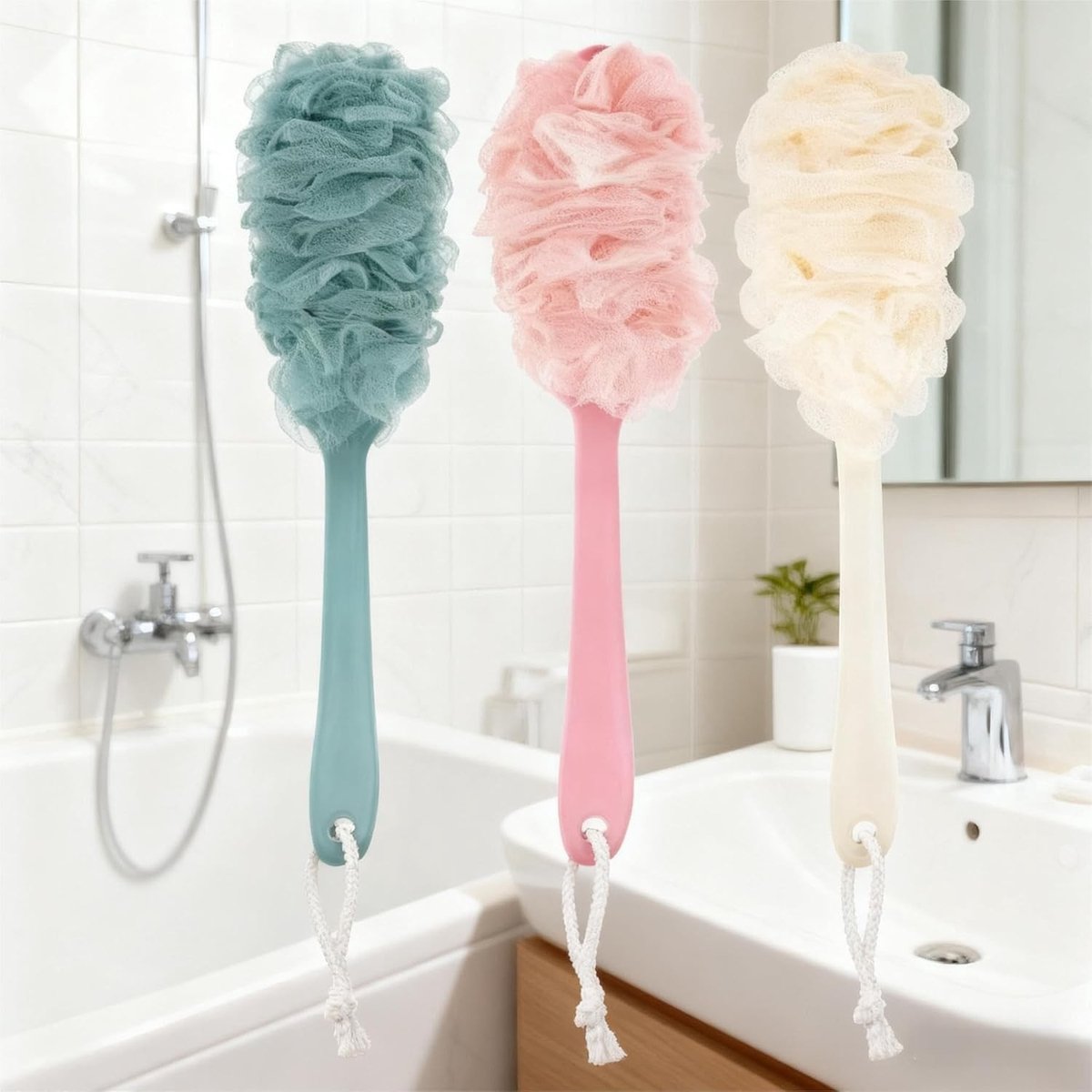 Set van 3 douche-sponzen met lange handgreep, mesh badspons en 3 plakhaakjes voor eenvoudig gebruik