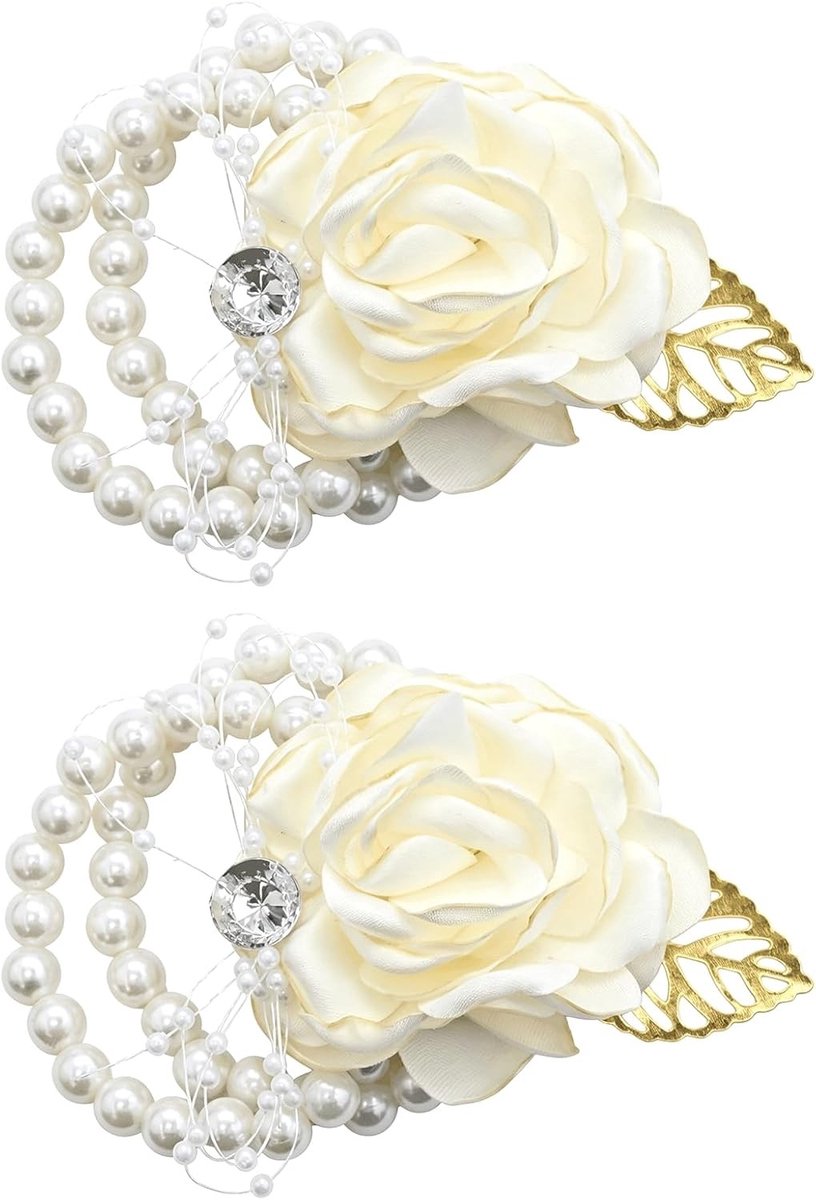 Florale Bruidspolsbanden met Strass en Parels - Roze Bloemenpols voor Bruiloft, Prom en Verjaardag (Wit)