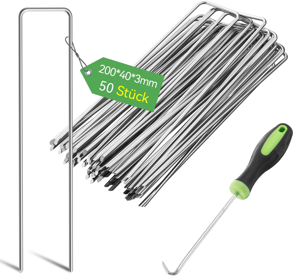 3 mm Zware Tuinnagels, Stalen Palen, Verzinkte Stalen Klemmen Voor Het Vastzetten van Onkruidvlies, Netten en Buizen met 1 Haak (20 cm, 50 Stuks)