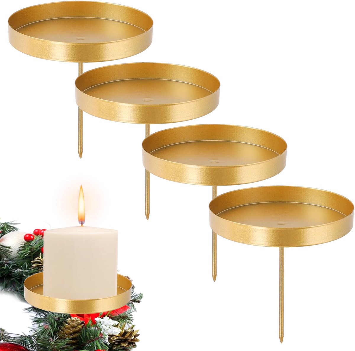 4 stuks adventskrans kandelaar, 8 cm, retro kandelaar, goud, kaarsenhouder, adventskrans, metaal, voor diner bij kaarslicht, eetkamer en open haarddecoraties
