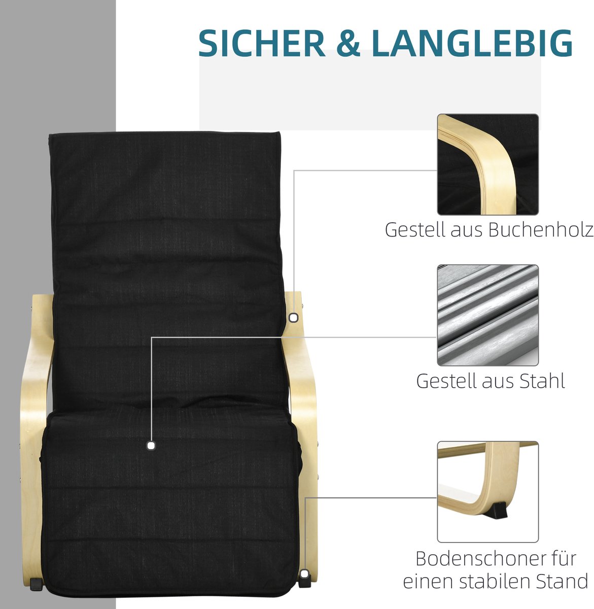 HAUSS SPOLE Relaxfauteuil Schommelstoel Met Verstelbare Voetensteun Van Berkenhout In Zwart Voor Woonkamer En Ontspanning Black