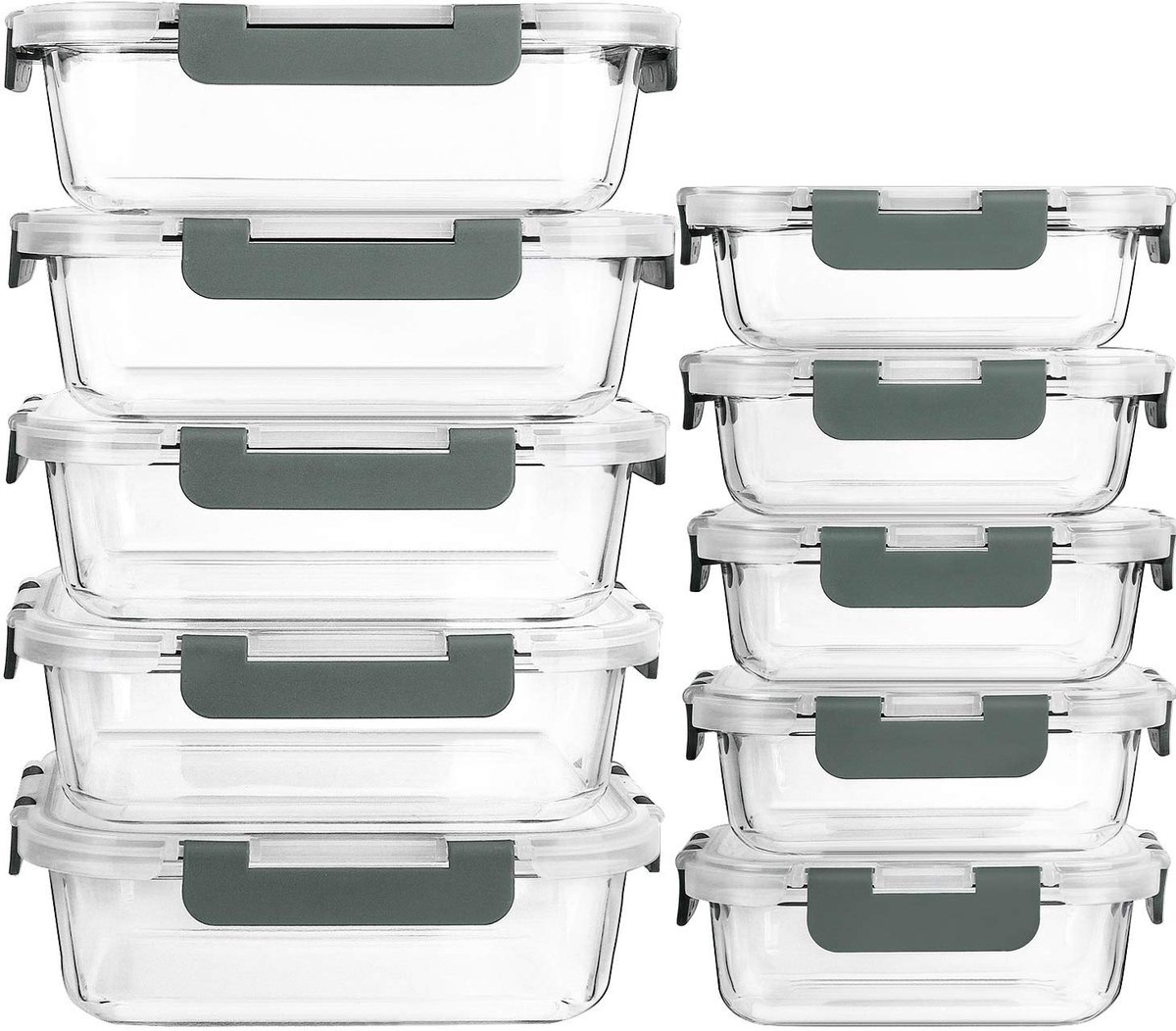 Pakket van 10 glazen maaltijdbereidingscontainers met deksels. Glazen voedselopslagcontainers met levenslange klikvergrendeling deksels, luchtdichte lunchcontainers. Geschikt voor magnetron, oven, vri