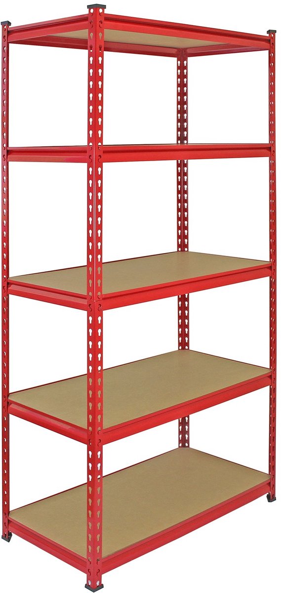 Opbergrek Metaal Staal Legbordstelling Garage Rood - 90 x 45 x 180 cm - 1800 kg Gewichtscapiciteit 360 kilo per Verstelbare Plank - 100% Schroefloos Boutloos Sleutelgatmechanisme