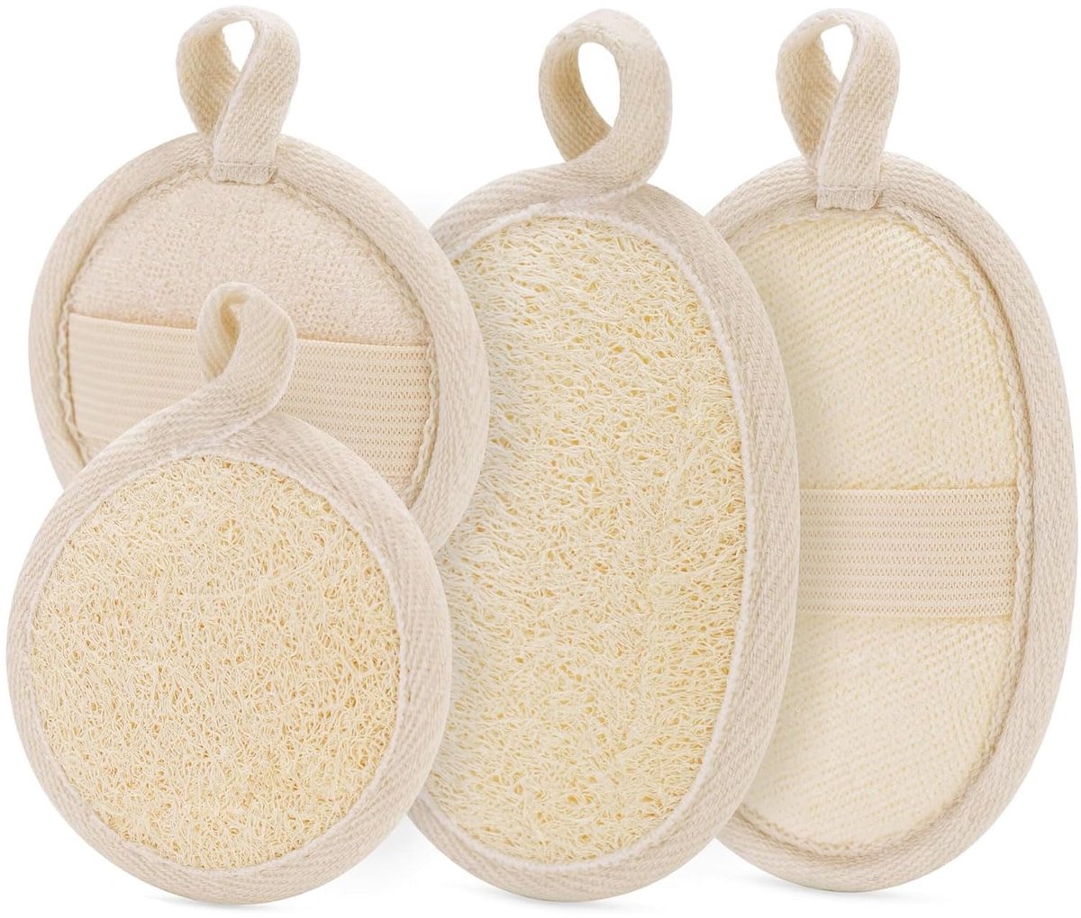 4er Set Luffa-Schwämme: 2 stuks natuurlijke spons voor lichaamsscrub + 2 zachte gezichtssponzen van loofah & badstof – optimaal voor douche en bad