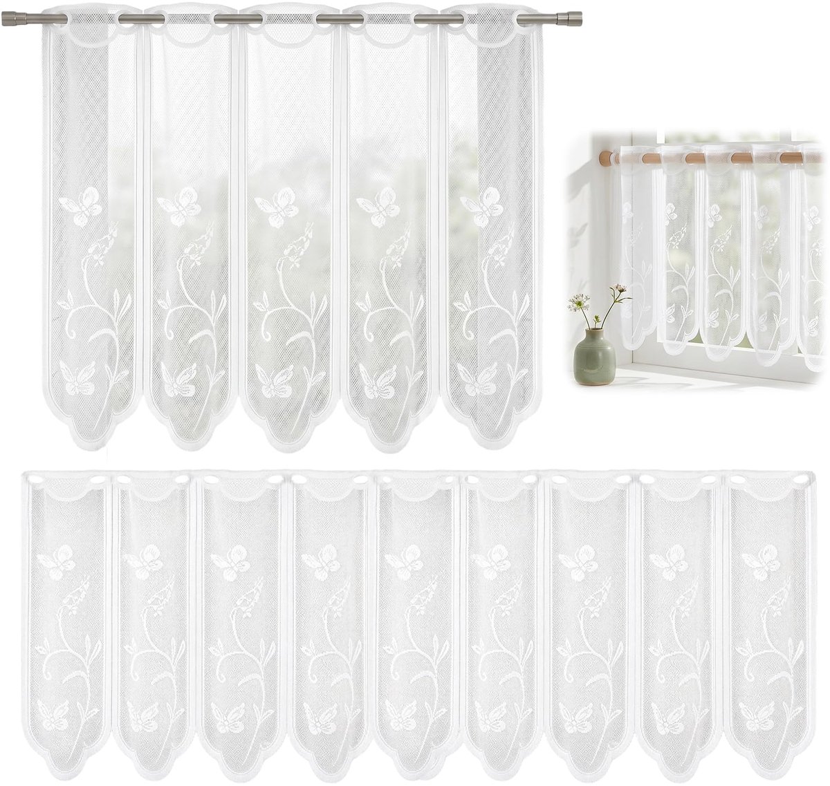 Vitrages Modern Kort, 2 Stuks, 130 x 45/74 x 60 cm, Wit | Bistrogordijn, Halftransparant, Landhuisstijl, Borduurwerk, voor Raam, Keuken, Slaapkamer