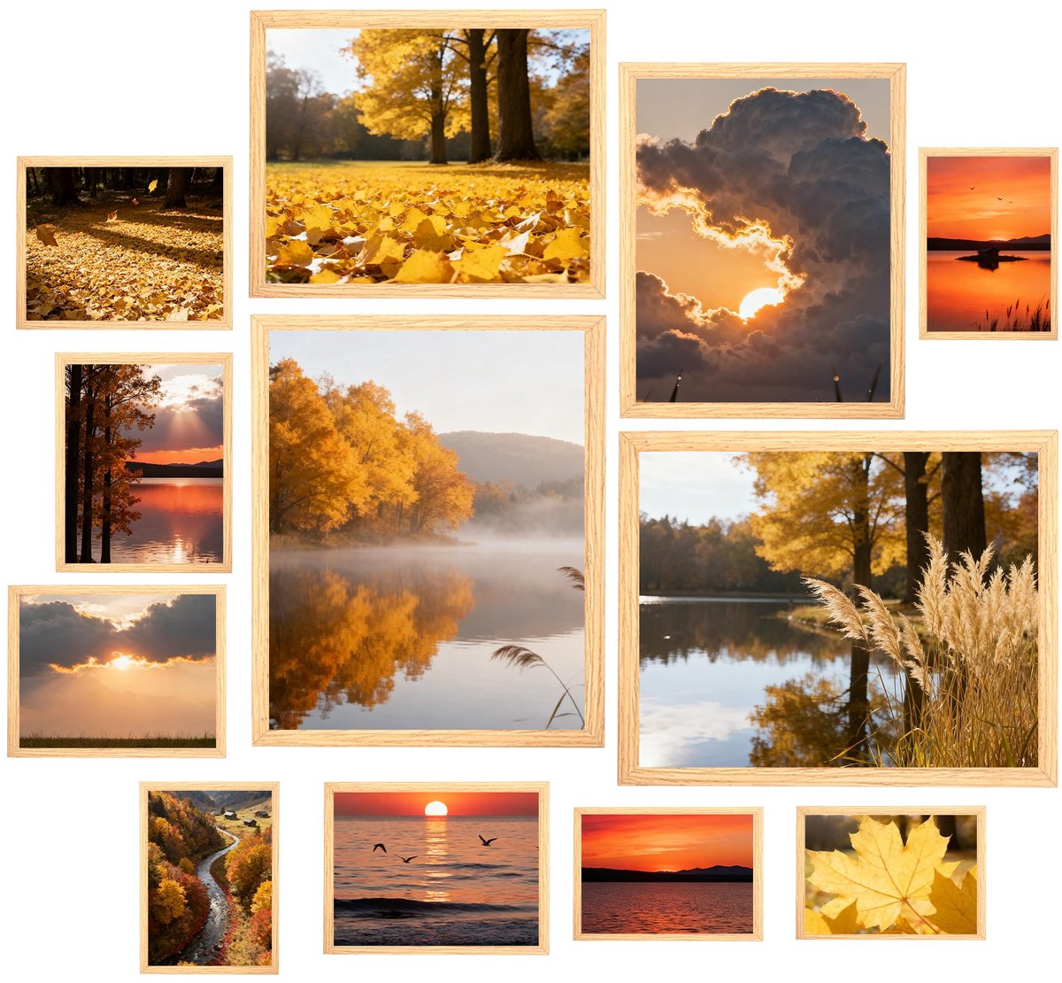 Set van 12 fotolijsten; multi-fotolijsten; twee 20 x 25 cm; vier 15 x 20 cm; vier 13 x 18 cm; vier 10 x 15 cm, collage eiken