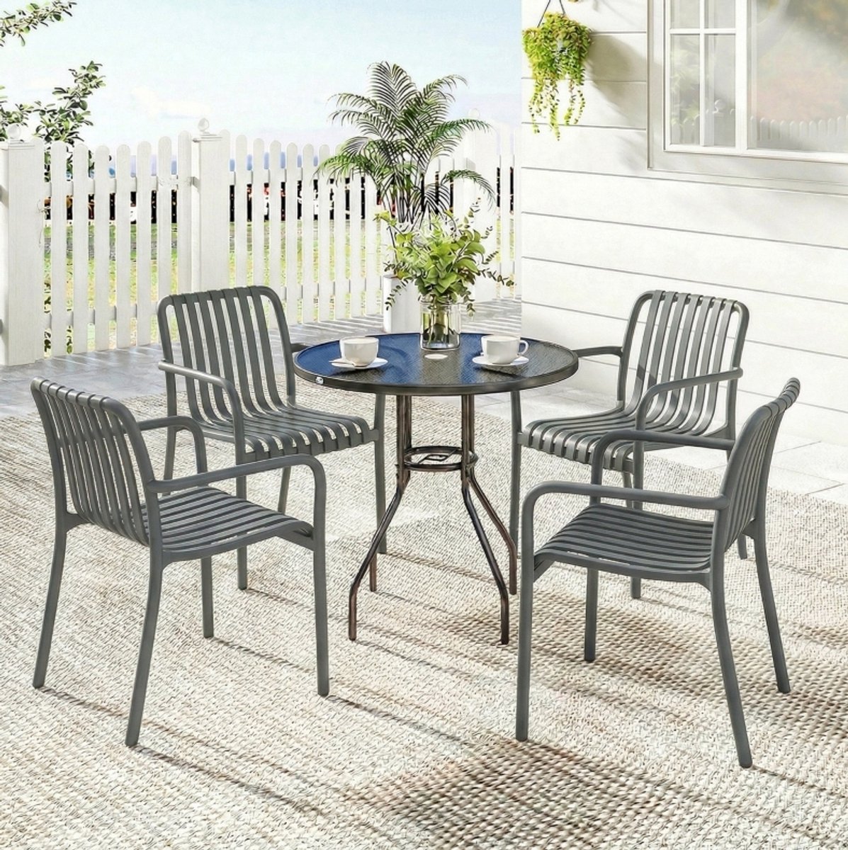 MEUNIQ set van 4 stapelbare tuinstoelen met armleuningen, ergonomische eetkamerstoelen voo
