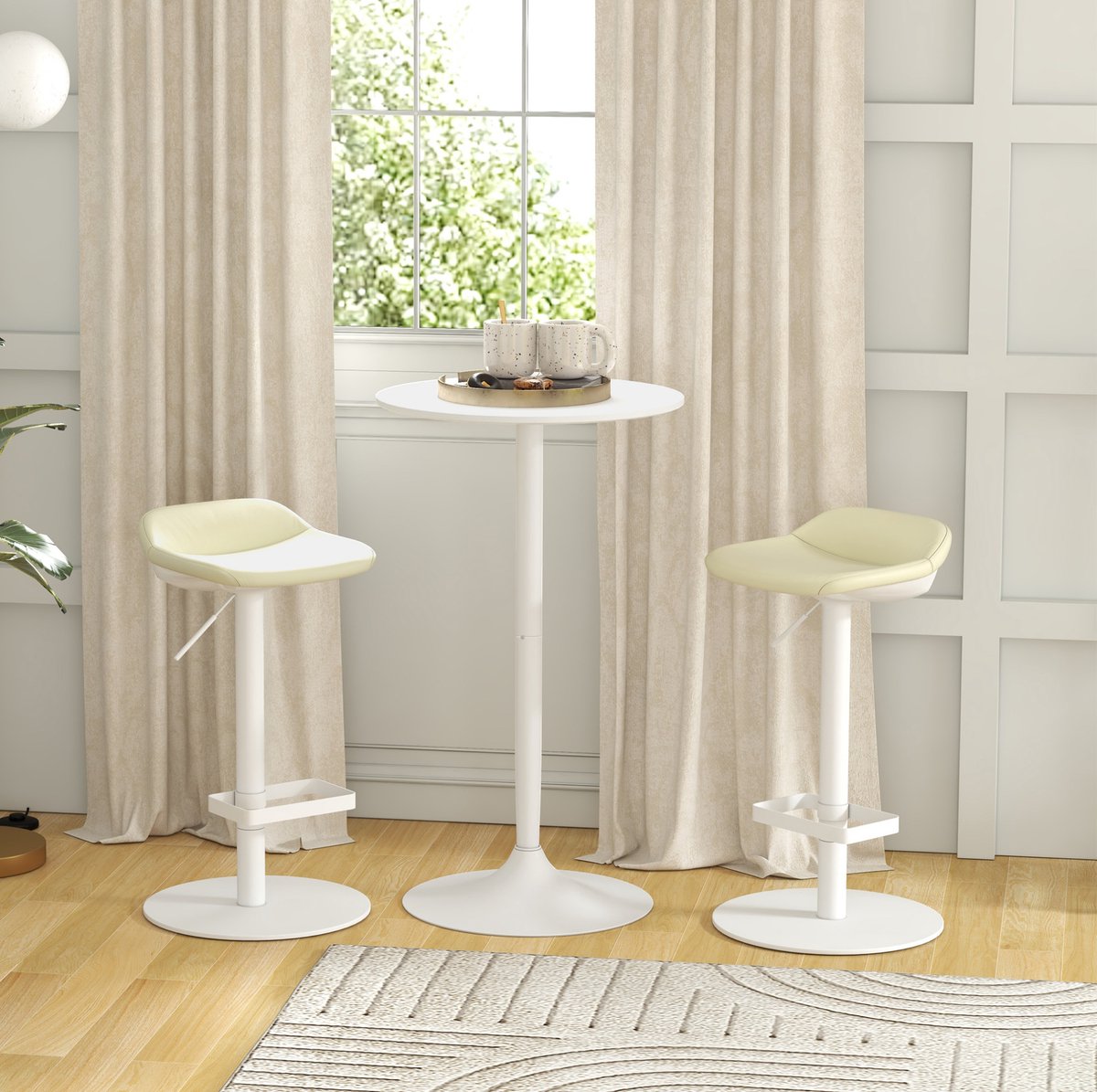 MEUNIQ bartafel rond 60 cm hoogte verstelbaar statafel voor keuken woonkamer of eetkamer, tafel voor 2 personen met gelakt blad en stalen voet wit