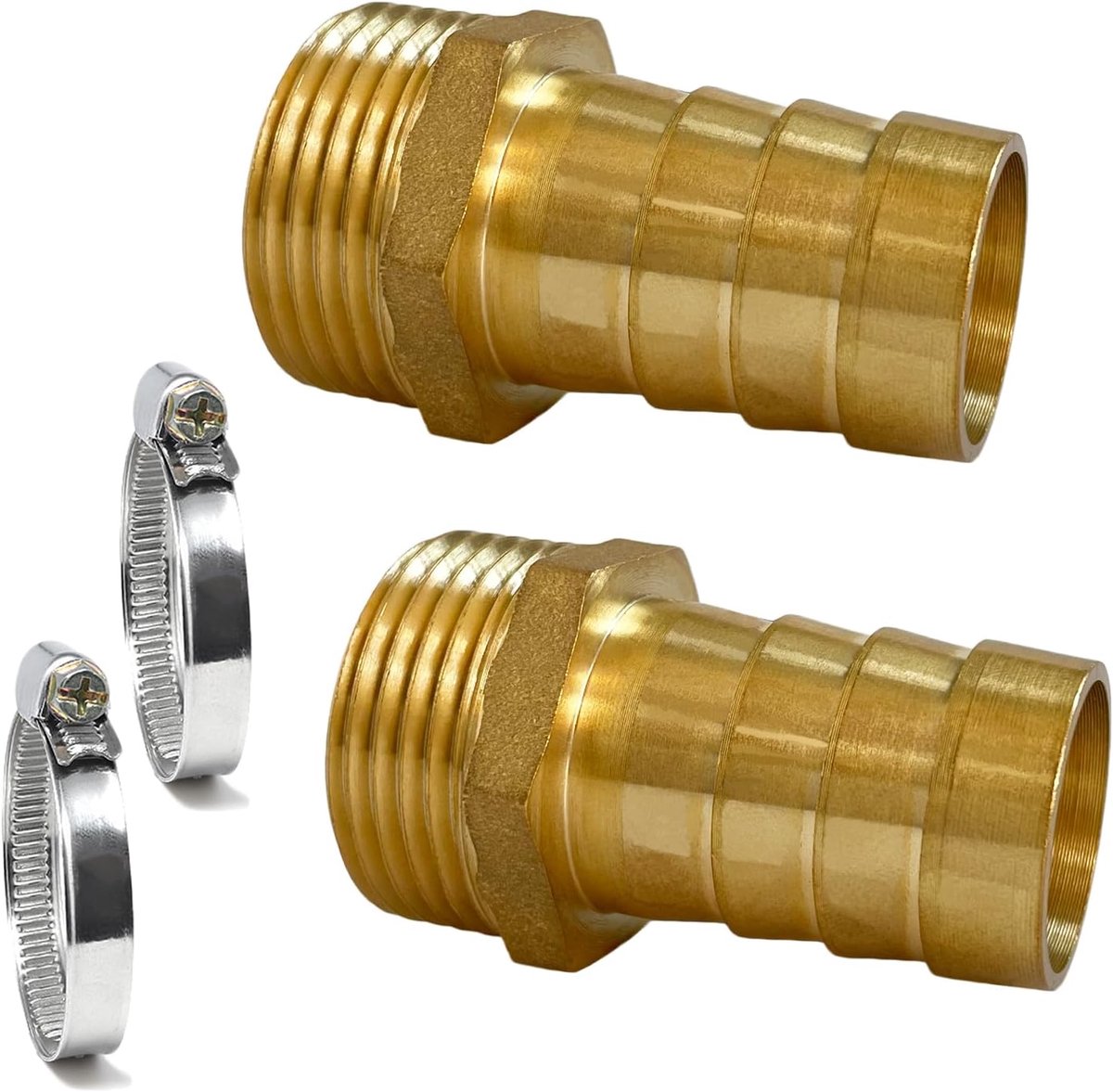 2 stuks slangtule 1 inch messing slangschroefverbinding 1" AG x 25 mm (1") tule, slangaansluiting met 2 slangklemmen en gratis schroefdraadafdichtband (1" AG x 25 mm (1") tule