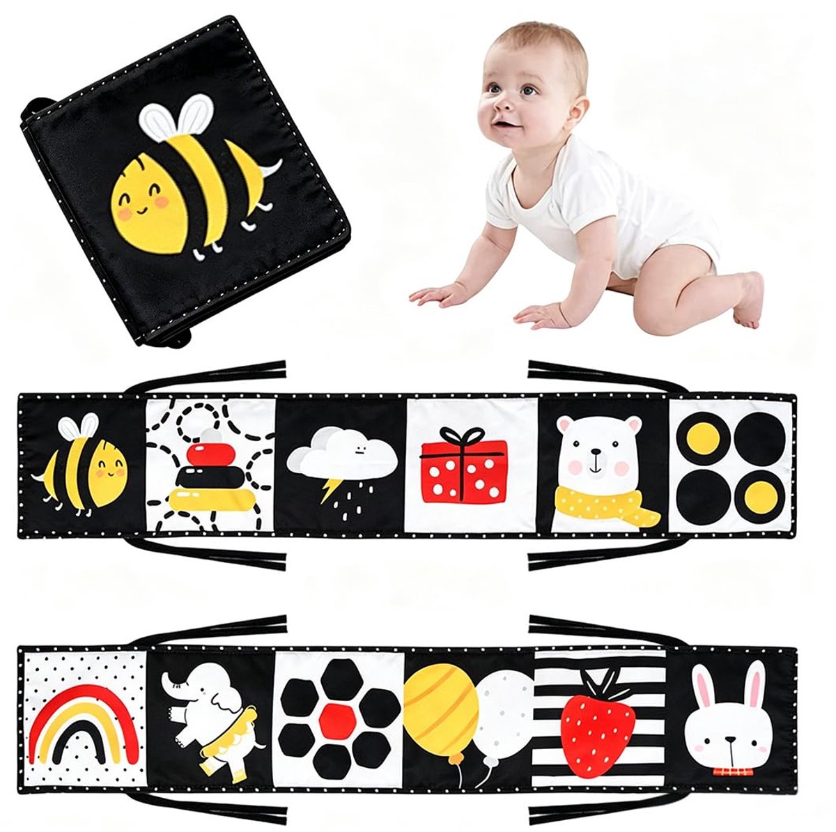 Contrastboek voor baby's, zwart-rood dubbelzijdig babystoffenboek, zacht prentenboek van stof met spiegels, kinderwagen contrastspeelgoed baby 0 3 6 maanden cadeau voor baby's