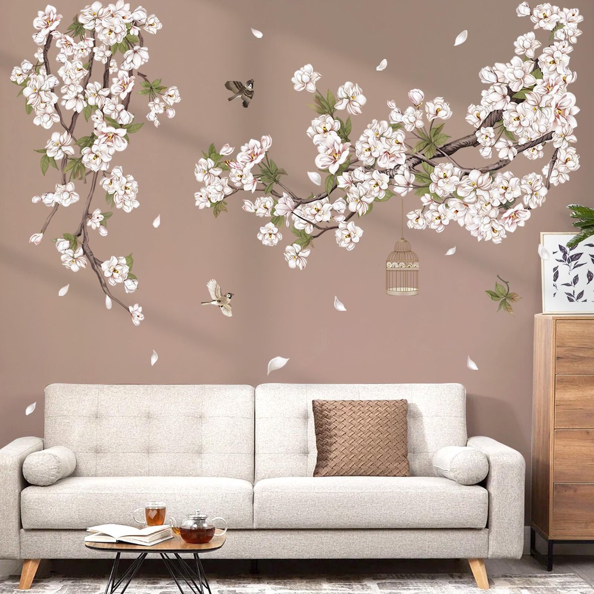 decalmile Groot Bloem Boom met Tak Muurstickers Witte Bloesem Bloemen Vogels Muurtattoo Slaapkamer Woonkamer TV Achtergrond Wanddecoratie