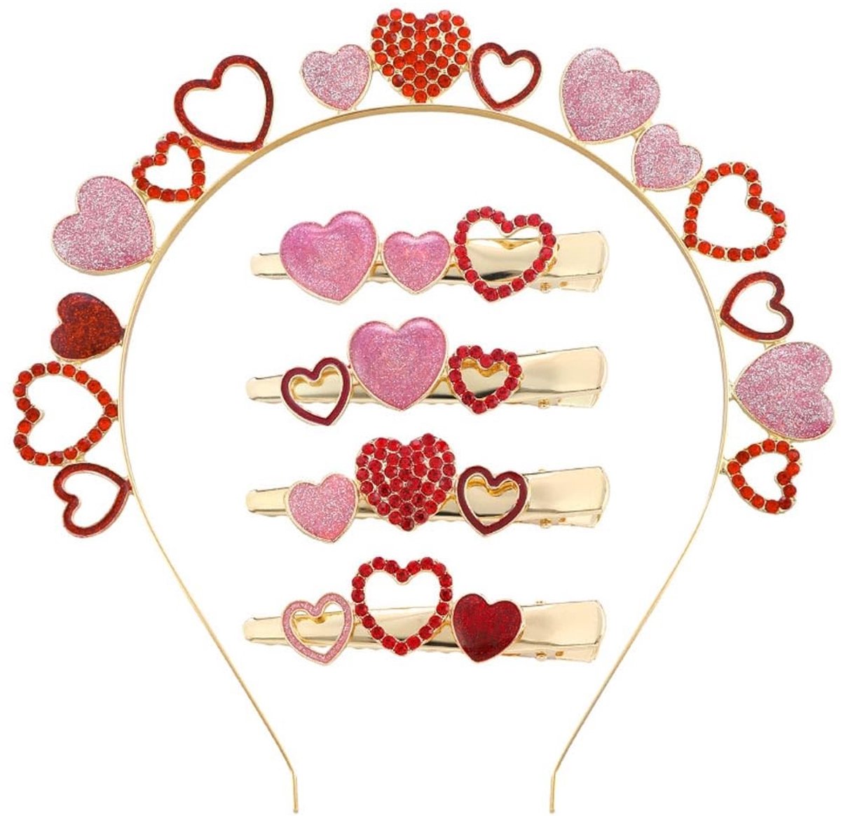 Dailygoods- Hoofdband hartvormig - Haarspeldset - Roze haaraccessoires - Kristal haarclips - Romantische flair - Perfect voor Valentijnsdag