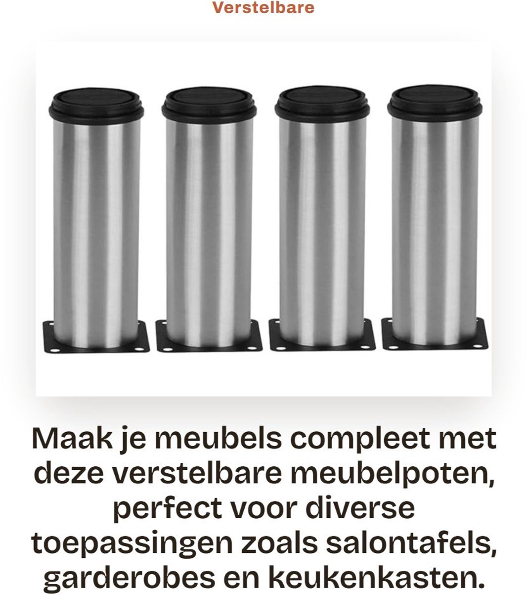 Dailygoods- Meubelpoten Verstelbaar - Set van 4 - Roestvrij Staal - Maximaal 320 kg - Geschikt voor Banken/Kasten - 50x150mm - Meubelbenen