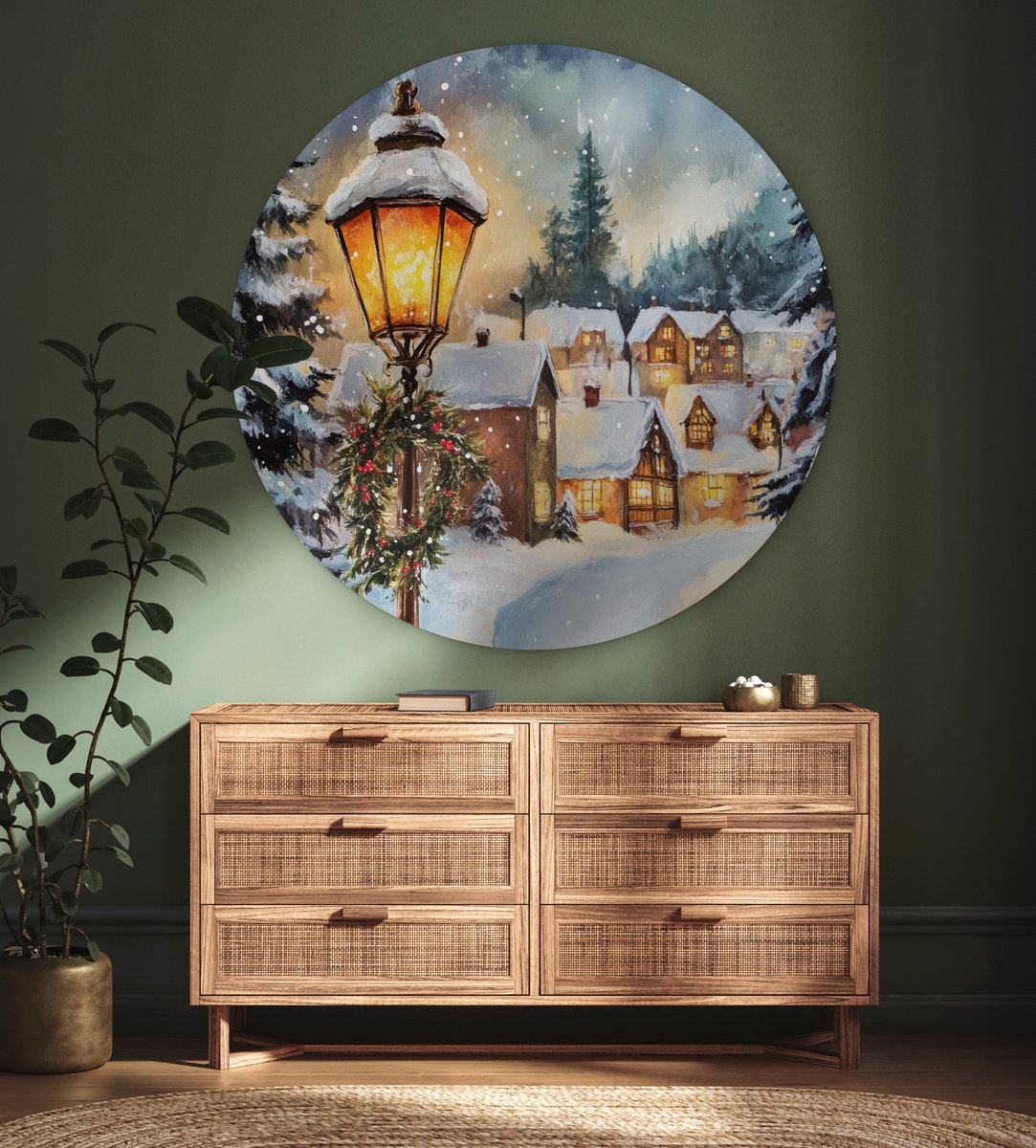 WallCircle® Wandcirkel 140x140 cm - Muurcirkel Kerstdorp - Huizen - Sneeuw - Kerst - Muurdecoratie woonkamer - Wanddecoratie slaapkamer - Kamer decoratie accessoires - Ronde schilderijen – foto 3