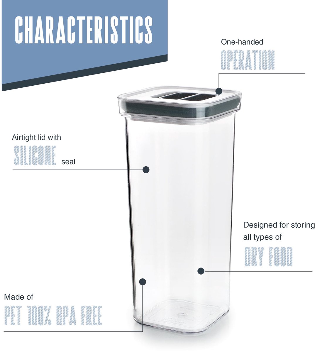 - 64625 - Droogcontainer voor levensmiddelen, luchtdicht deksel met siliconen sluiting, stapelbaar, BPA-vrij, inhoud 1,5 liter.