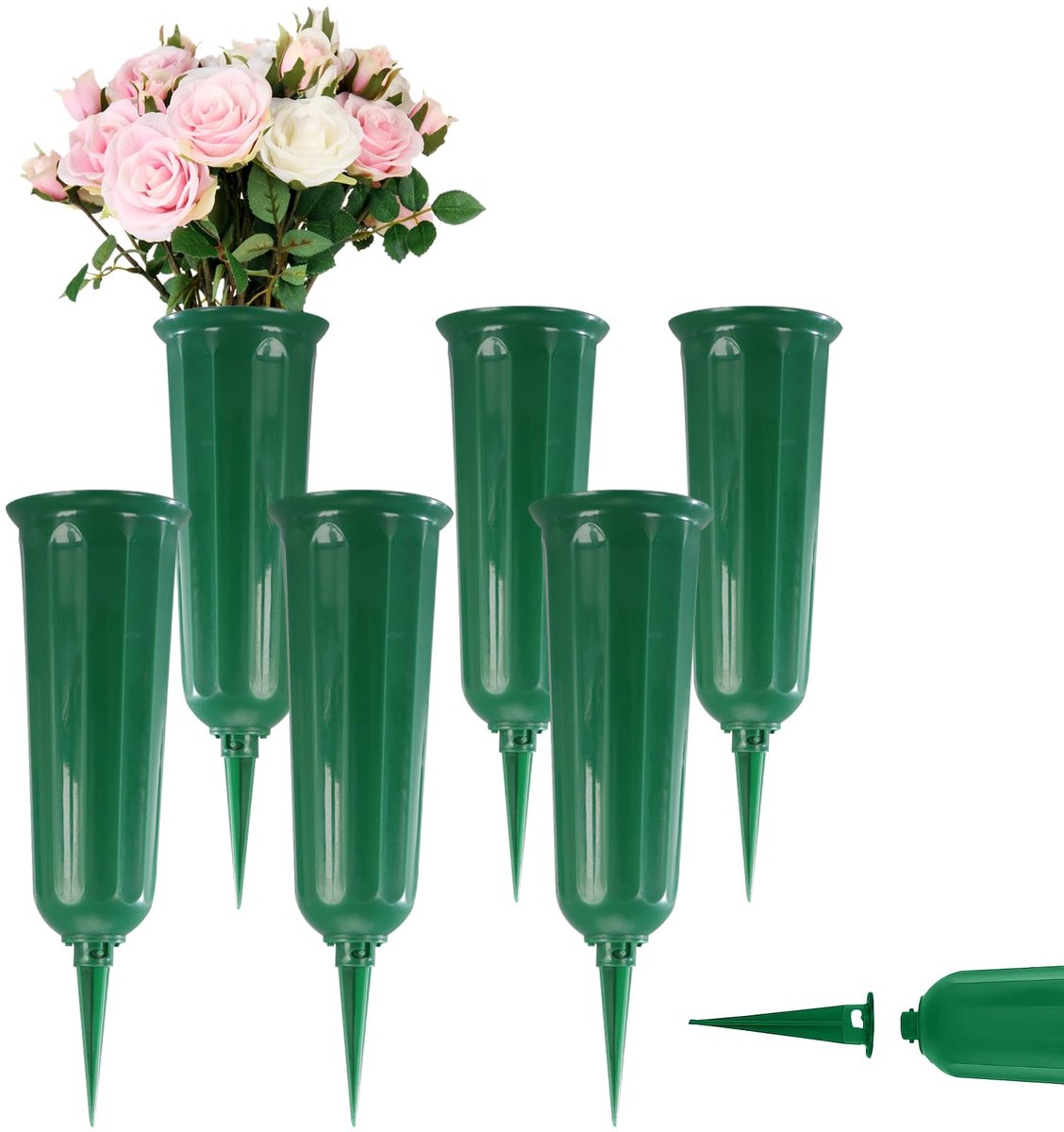 Vaas met aardspit, kunststof begraafplaatsvaas grafvazen om in te steken vazeninzet begraafplaats voor het plaatsen van bloemstukken voor grafsteen gravenzijde (Groen)