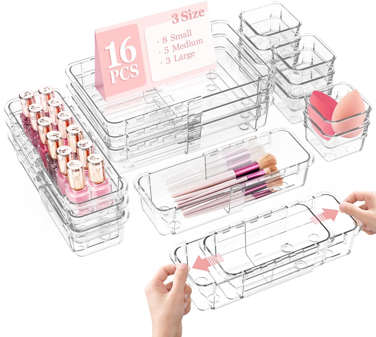 Thijox - 16 stuks Transparante Verstelbare Lade-Organizer - 3 Maten, Kunststof Sorteerdozen voor Cosmetica, Bestek, Schrijfwaren, Kantoor en Make-upta