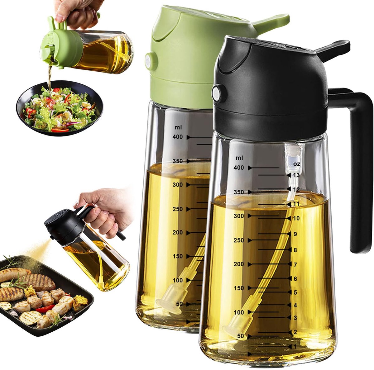 2-in-1 dispenser en spray, voor olijfolie en azijn, 470 ml, BPA-vrij, voor de keuken, barbecue, salades (Zwart & Groen)