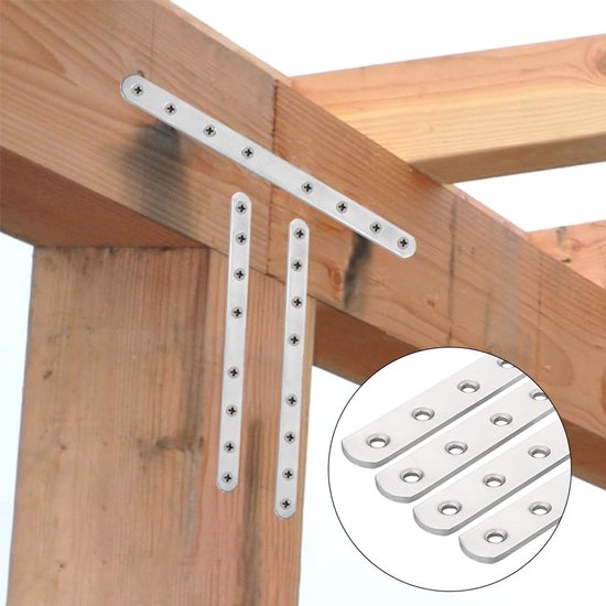 4 Stuks Rechte Platte Beugels in Roestvrij Staal,24.5 X 2.5cm | Roestvrij Stalen Geperforeerde Platen met 32 Schroeven,Platte Hoekbeugel van Roestvrij Staal,Verbindingsplaat — afbeelding 4
