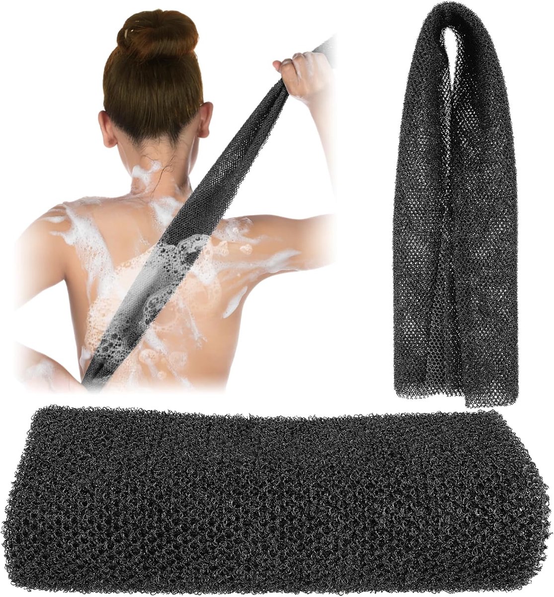 Afrikaanse badspons lange net exfoliërende douche lichaam scrubber platte rug scrubber voet hoofdhuid scrub dode huidverwijdering huid gladder voor mannen vrouwen (zwart)