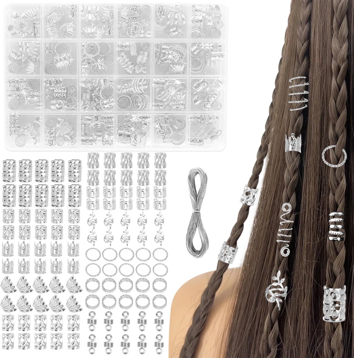 sieraden, Viking-haaraccessoires, zilver, metalen vlechten, sieraden, verstelbare vlechten, accessoires, haarringen met doos en koord, haarkralen om te klemmen, voor dames en meisjes, 290