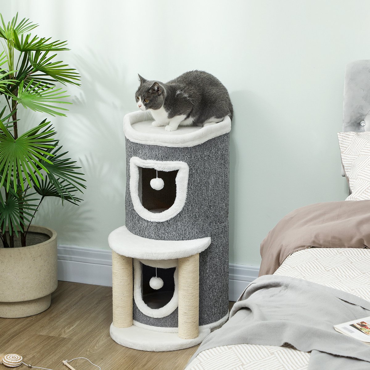 Krabpaal voor katten, hoogte 76 cm, met huisjes, bedje, ballen en sisal palen, grijs – foto 3