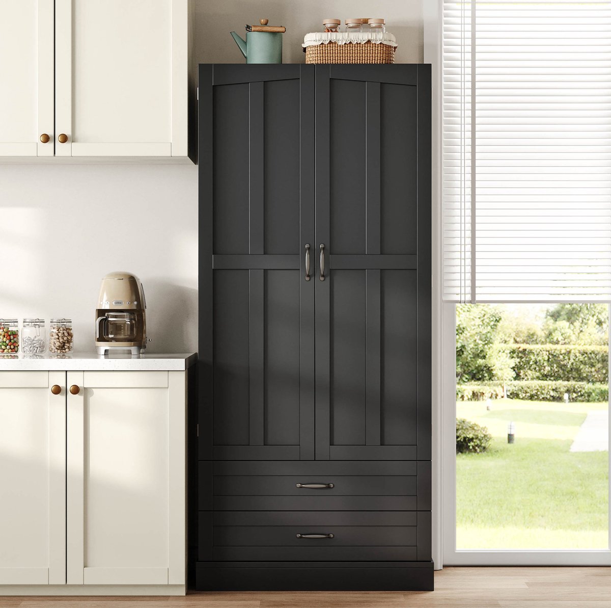 STILVORA Keukenkast - Vrijstaande Hoogkast Met 3 Uittrekplanken En 2 Lades - Voor Keuken En Eetkamer - MDF - 80x38x180 cm - Zwart