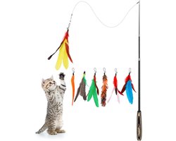 Feather Teaser kattenspeelgoed, 7 stuks uitschuifbare interactieve verentoverstaf kattenspeelgoed Flying Feather kattenvanger met extra lange 38,6 „toverstaf en kleine bel, leuk speelspeelgoed