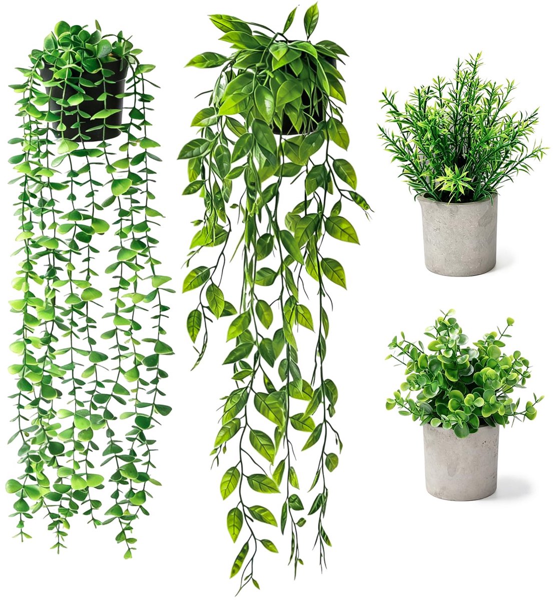 4 stuks kunstplanten met pot, mini-kunstplanten & kunstplant, hangend, kunstmatige eucalyptus, rozemarijn en erwtenpeuten, planten, decoratie voor badkamer, kantoor, plank, vensterbank