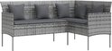 Grijs L-vormig poly rotan loungeset met grijze kussens.
