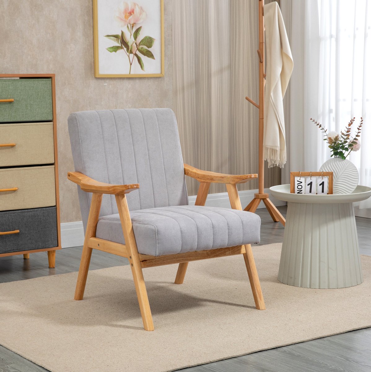 MEUNIQ fauteuil met armleuningen 68 x 74 x 82 cm, Scandinavisch lounge- en relaxstoel met hoge rug, velvetlook bekleding en houten onderstel, lichtgrijs