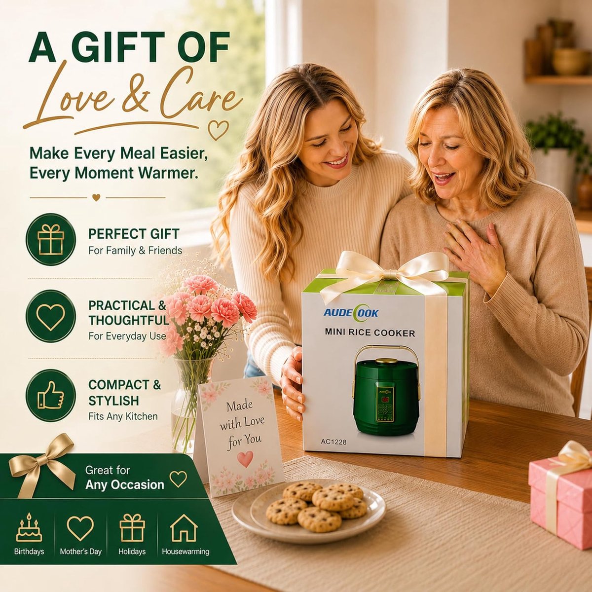 Rice Cooker Mini Elektrische rijstkoker, 1,2 l met Low Sugar-functie en stoompan voor 1-2 personen, 5 multicooker-programma's, Rice Cooker Mini met warmhoudfunctie, timer (groen) – foto 4