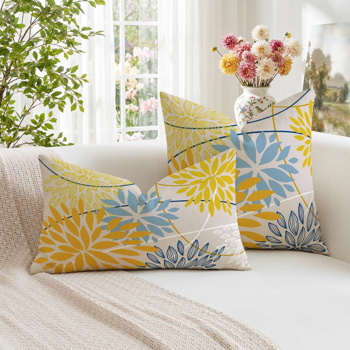 Set van 2 kussenslopen, geel, blauw, dahlia, bloemen, 45 x 45 cm, lente, modern, elegant, geometrisch patroon, kussenhoes voor bank, slaapkamer, woonkamer, buiten, decoratie