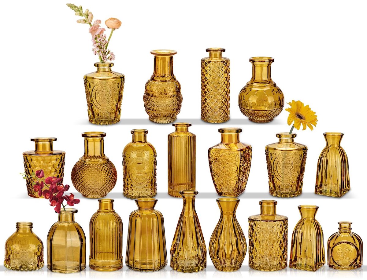 Dailygoods- Bud Vaas Set van 20 - Amberkleurig Glas - Vintage Fles voor Bloemstukken - Bruiloft Tafeldecoratie - Woondecoratie - Elegante Patronen - Bloemenvase
