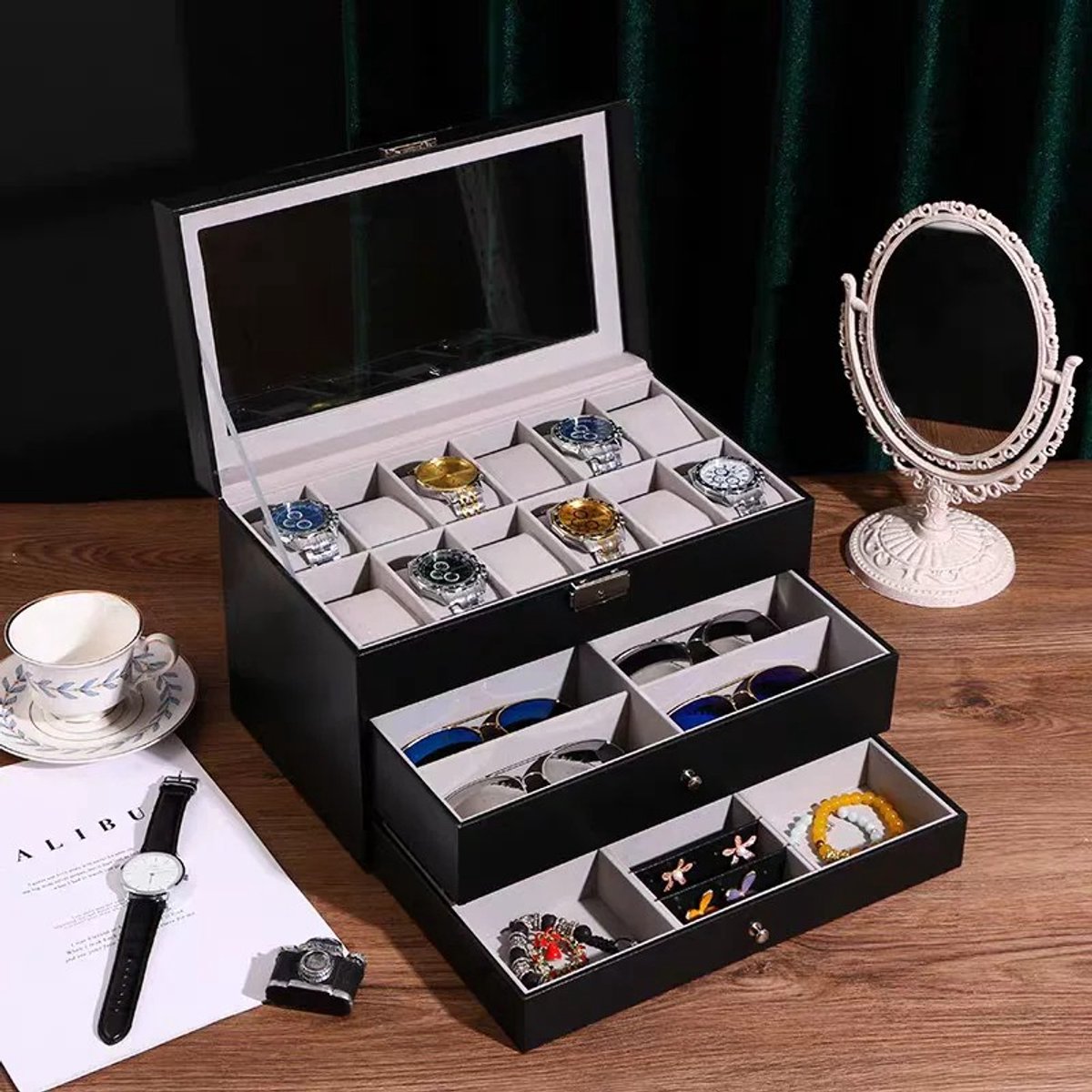 Dailygoods 3-laags zwart lederen horloge en brillen zonnebrildoos met sieradendisplay lade metalen gesp case organizer