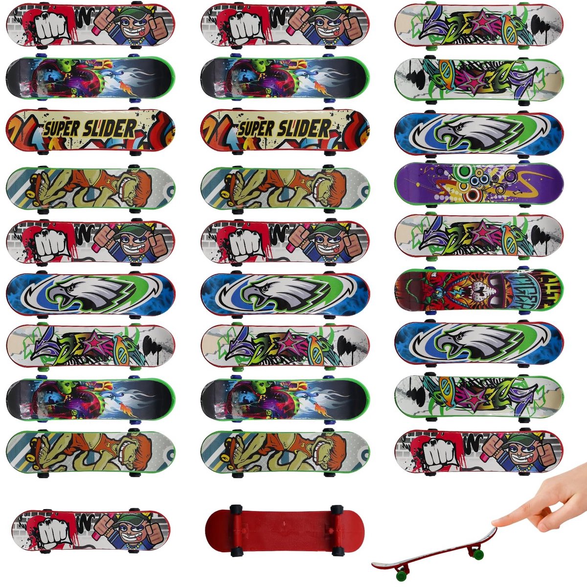 Dailygoods- Vingerskateboard 30 Stuks - Mini Skateboardset - Vingerboard Speelgoed - Creatief Gastgeschenk - Polypropeen - 9,5 x 2,7 x 1,9 cm - Mini Skateboard