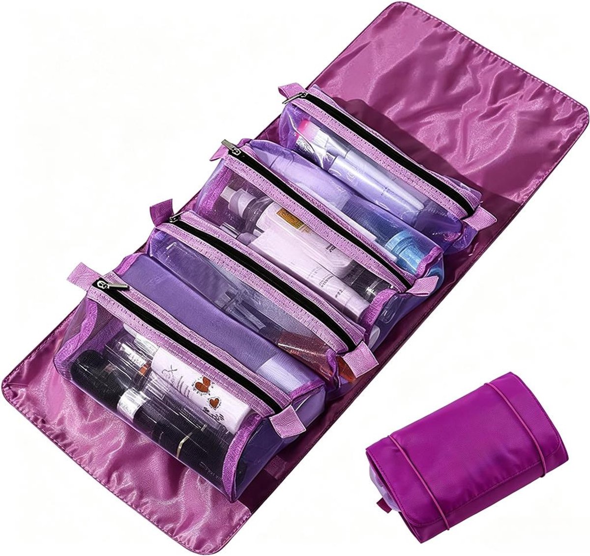 KZQ Hangende Toilettas - 4-in-1 Make-up Reistas met Afneembaar Netvakje - Grote Capaciteit, Waterdicht, Opvouwbaar - Geschikt voor Vrouwen, Reizen en Dagelijks Gebruik - Paars