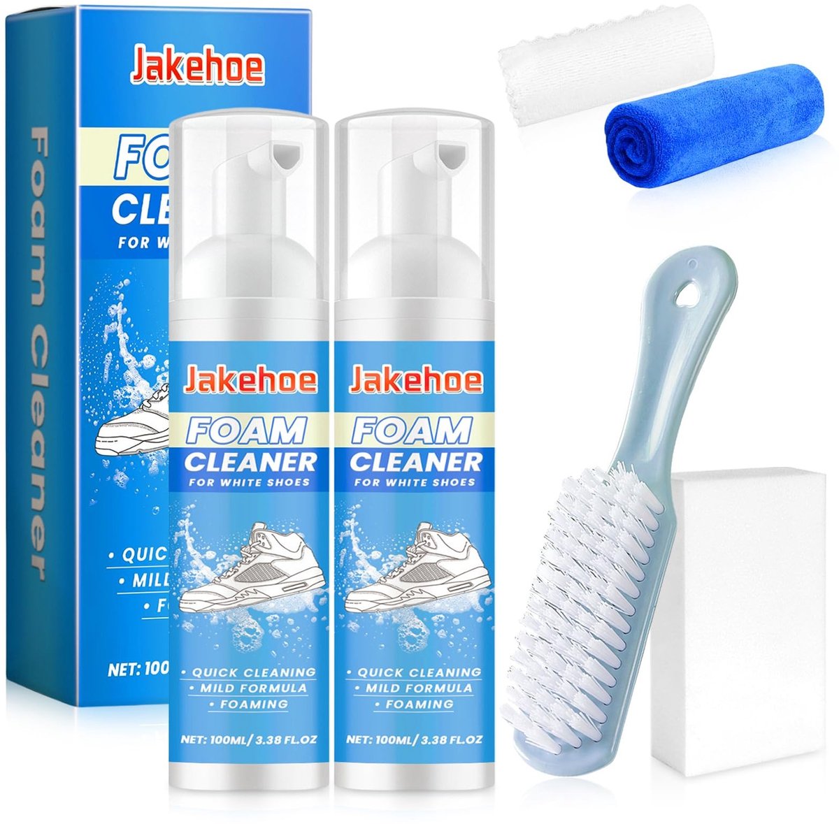 Dailygoods - flintronic Schoenreiniger, 100 ml No-Rinse White Trainer Cleaner Foam, Schoenreinigingsset met borstel handdoek, Sneaker Cleaner voor witte schoenen, leer, gebreid, laarzen, canvas, suède, PU