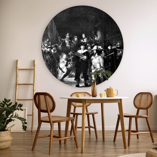 WallCircle® Wandcirkel 150x150 cm - Muurcirkel De Nachtwacht - Schilderij van Rembrandt van Rijn - zwart wit - Muurdecoratie woonkamer - Wanddecoratie slaapkamer - Kamer decoratie accessoires - Ronde schilderijen
