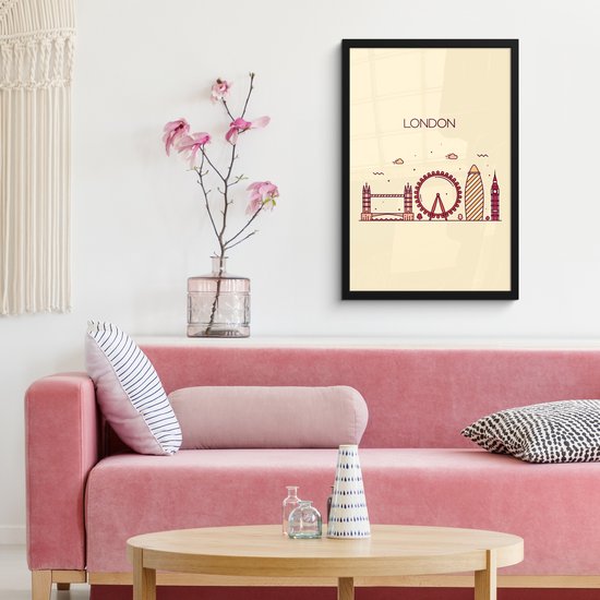 Line art poster van de skyline van Londen in rood en geel op een crème achtergrond.